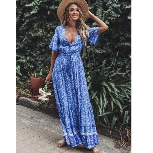 Bohemian Floral Print Long Maxi Dress Blue Gypsy - Picture 2 of 7